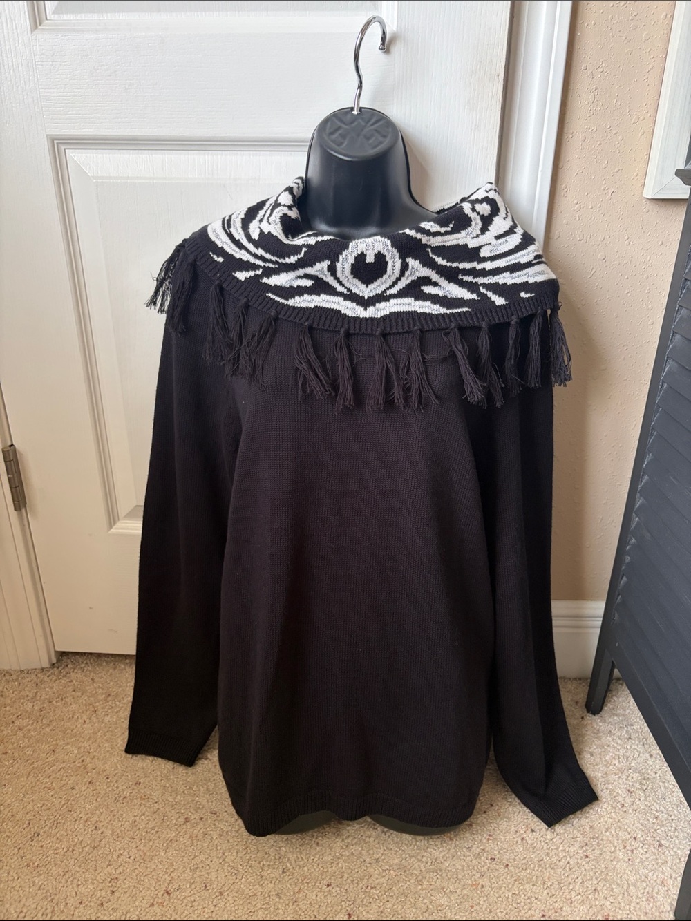 Christopher & Banks Black Sweater with White Patterned Cowl and Fringe